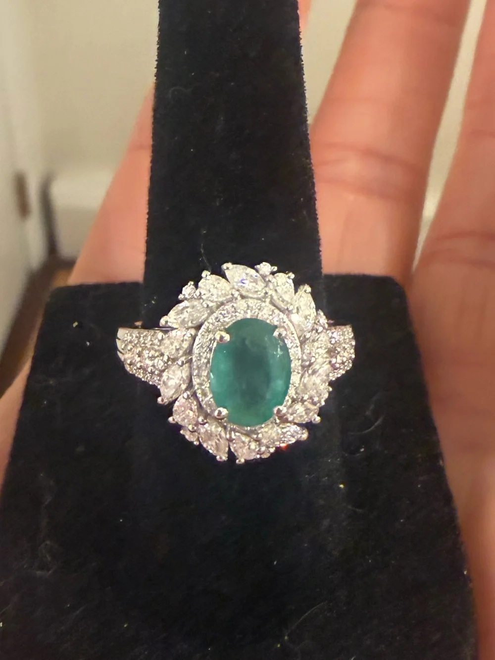 DJoy Womens Kagem Zambian Emerald/ Moissanite Floral Burst Halo Engagement Ring